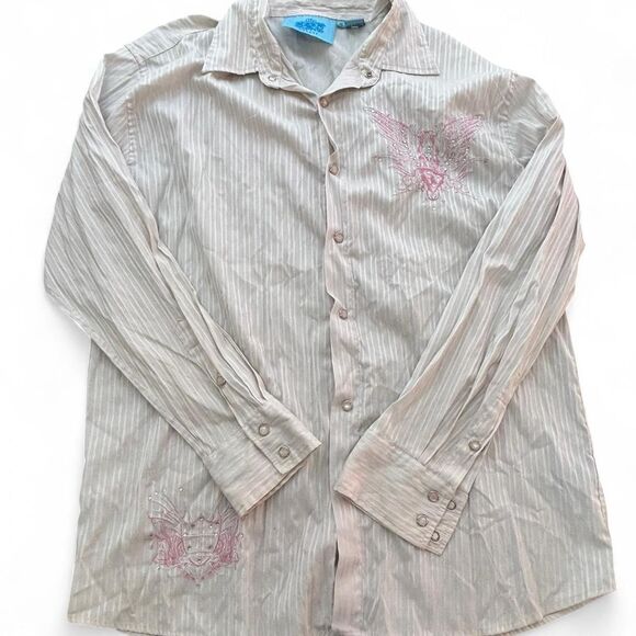 Y2K Cream Striped Button-up Shirt with Pink Embroidered Details - Picture 1 of 6
